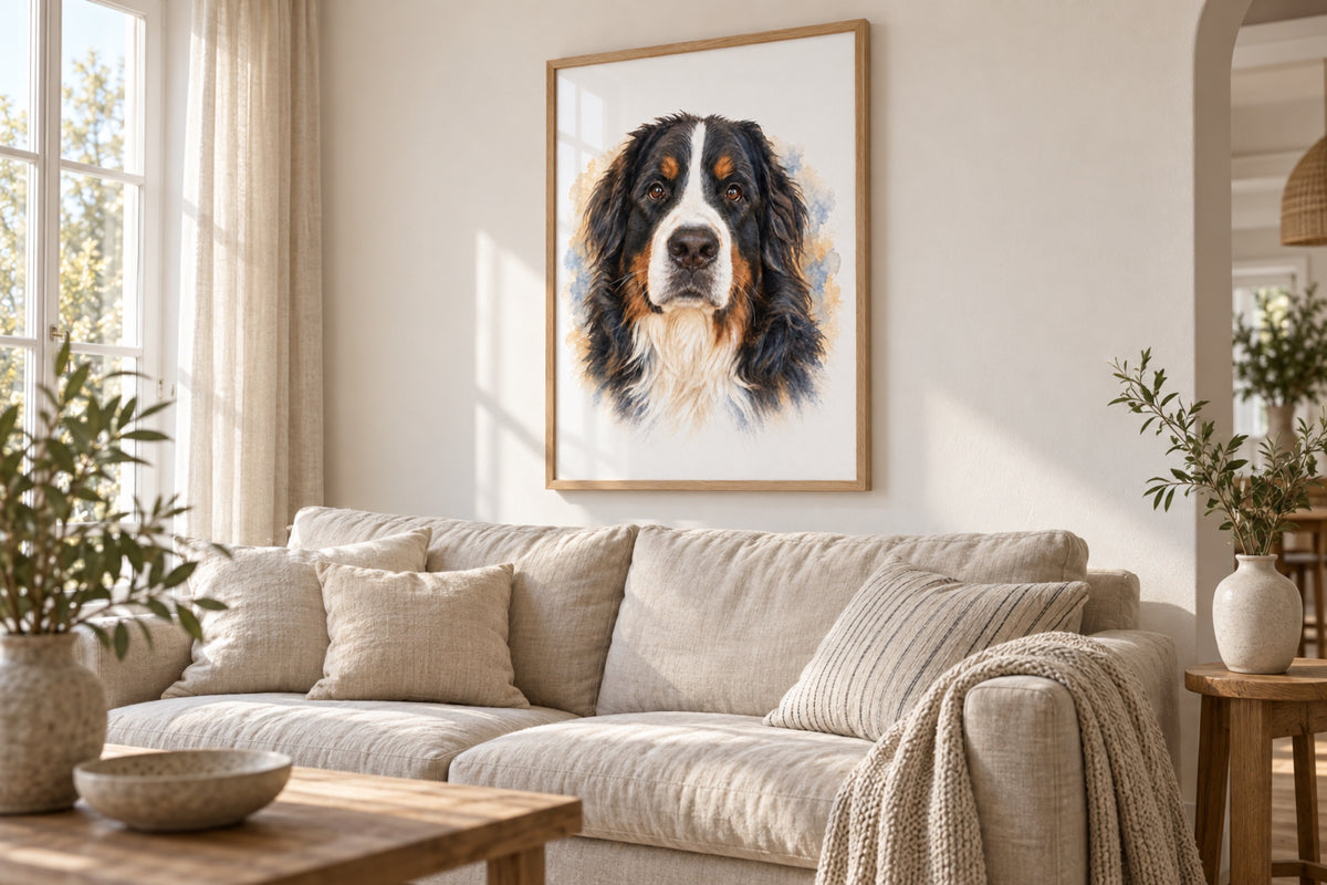 Hundeportrait im Aquarell-Stil, gerahmt an einer Wohnzimmerwand