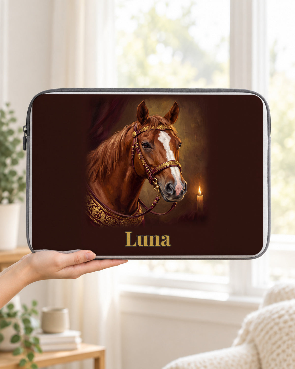Laptophülle mit Pferdeportrait im Royal-Stil und Namen Luna in der Hand