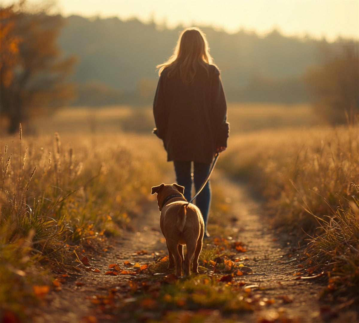 Spaziergang mit Hund auf einem Feldweg im Abendlicht, hier kam die Idee zu Print My Pet