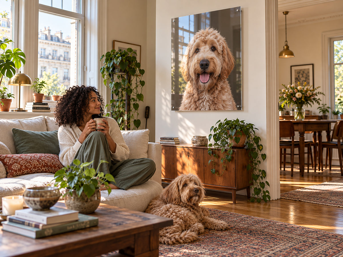 Dog portrait on acrylic glass in a living room, Goldendoodle named Milo