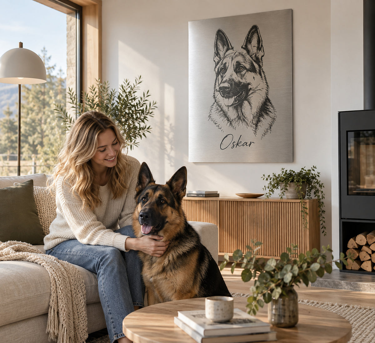 Hundeportrait auf Aluminium im Wohnzimmer, Deutscher Schäferhund mit dem Namen Oskar