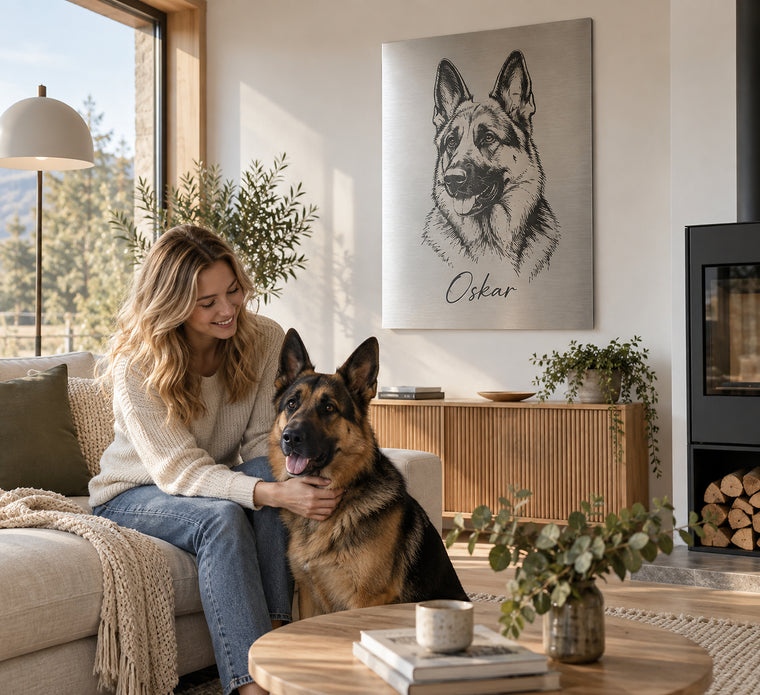 Dog portrait on aluminum in a living room, German Shepherd named Oskar
