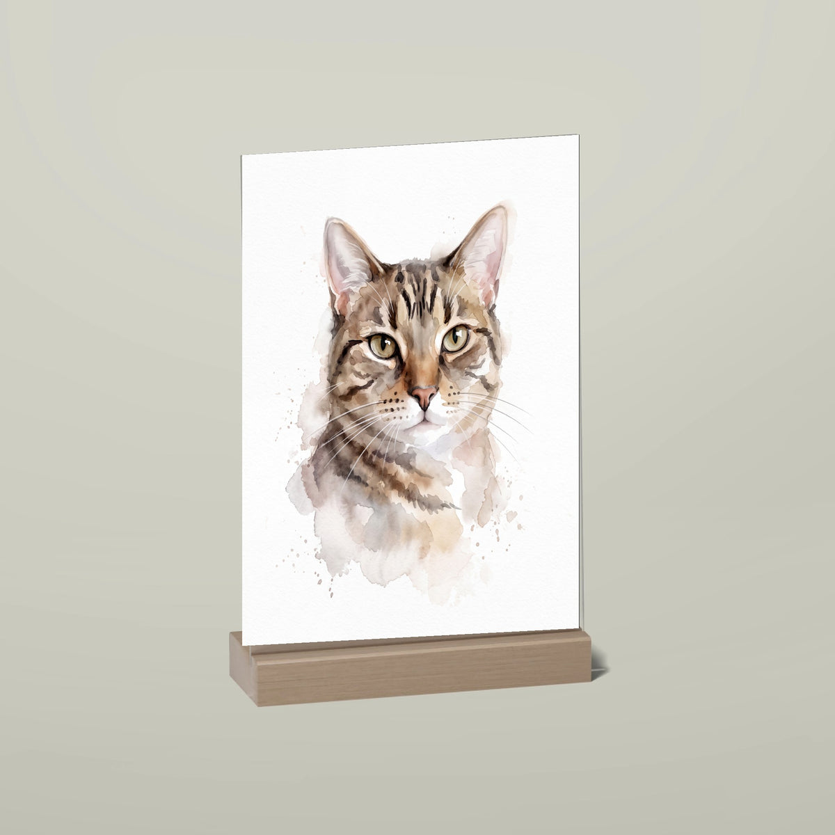 Cat portrait acrylic stand with wooden base in Watercolor style, with name and an extra line of text