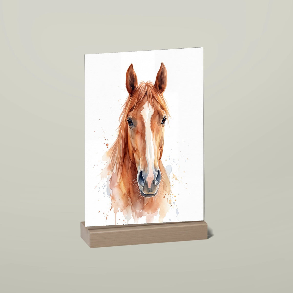 Horse portrait acrylic stand with wooden base in Watercolor style, with name and an extra line of text