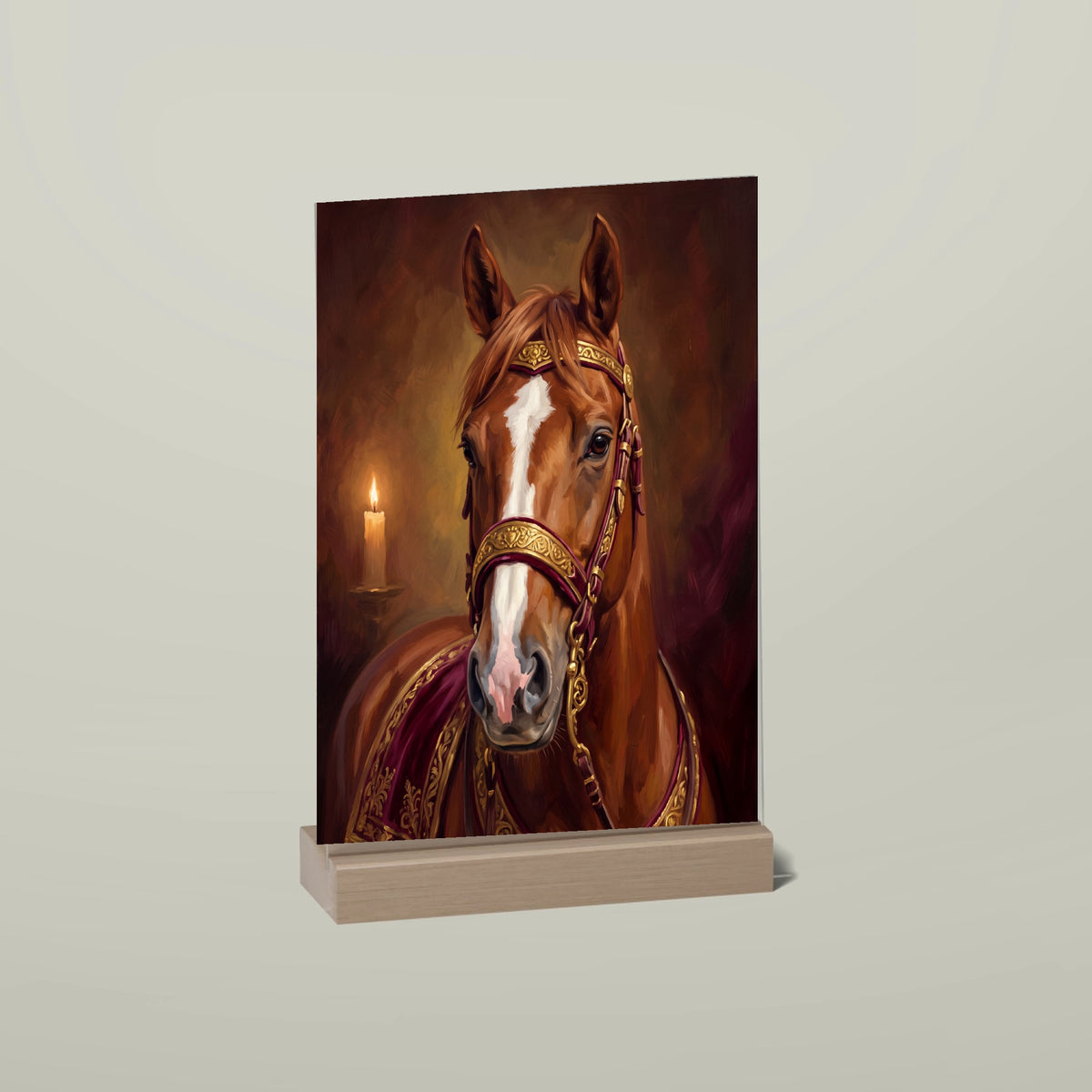 Horse portrait acrylic stand with wooden base in Royal style, with name and an extra line of text
