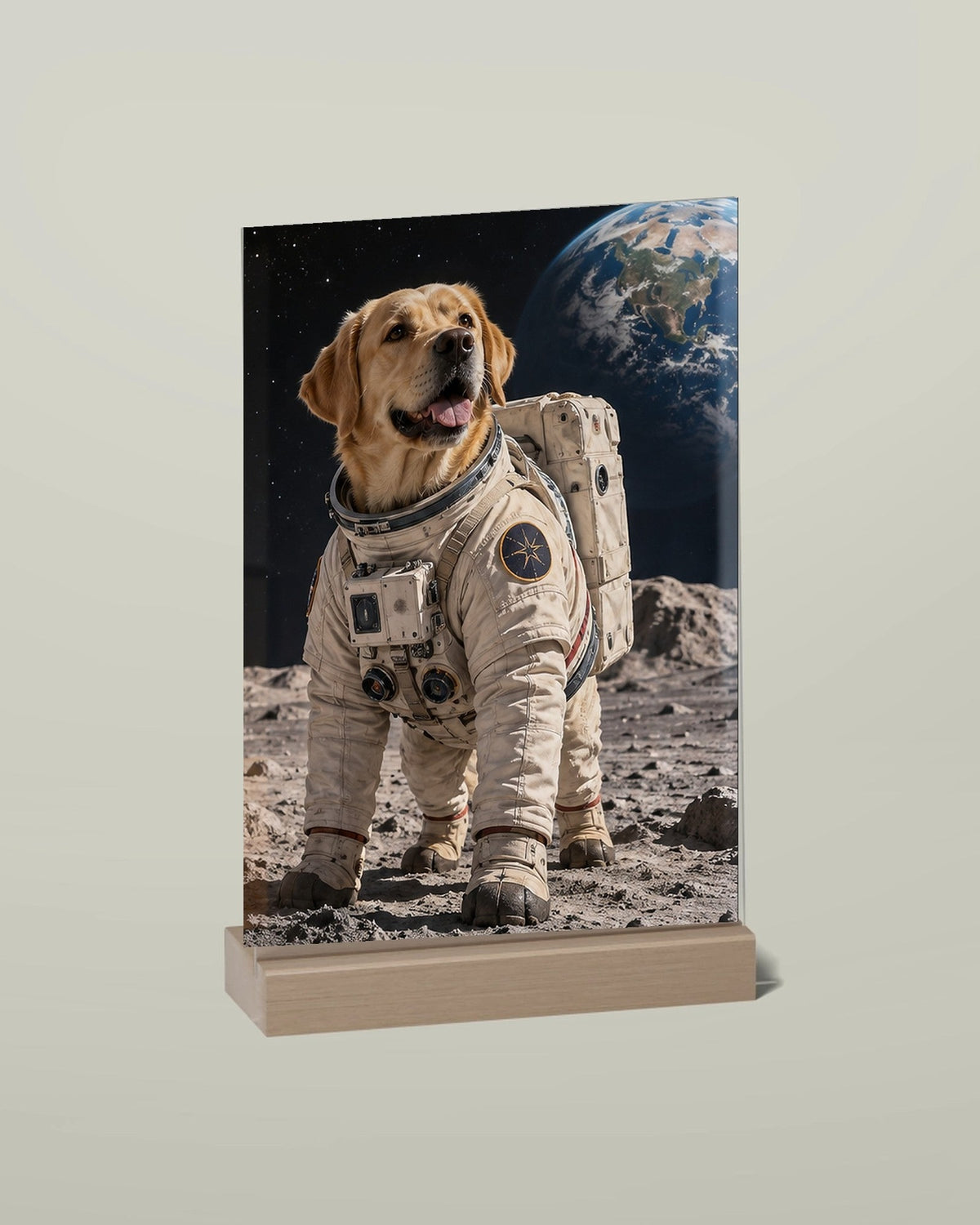 Custom picture as an acrylic stand with wooden base: dog as an astronaut on the moon
