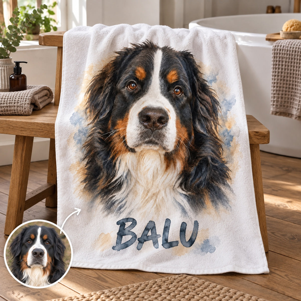 Badehandtuch mit Tierportrait und Name, daneben das Ausgangsfoto