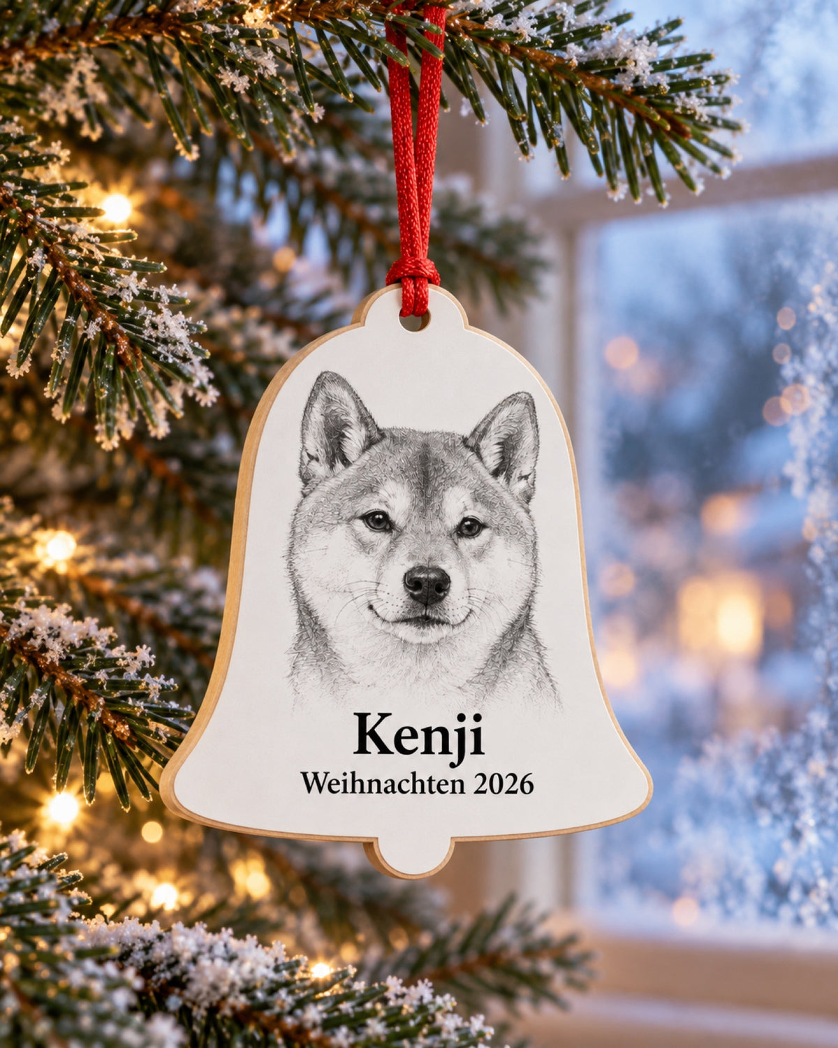 Baumschmuck aus Holz als Glocke mit Shiba Inu Kenji an einem winterlichen Tannenzweig vor eisblauem Fenster