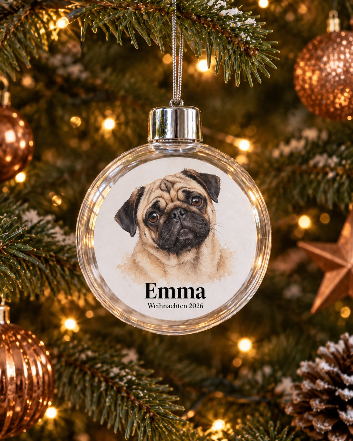 Transparente Christbaumkugel mit Mops Emma als Aquarell und Namen an einem dunkelgrünen Tannenbaum mit Kupferschmuck im Winter