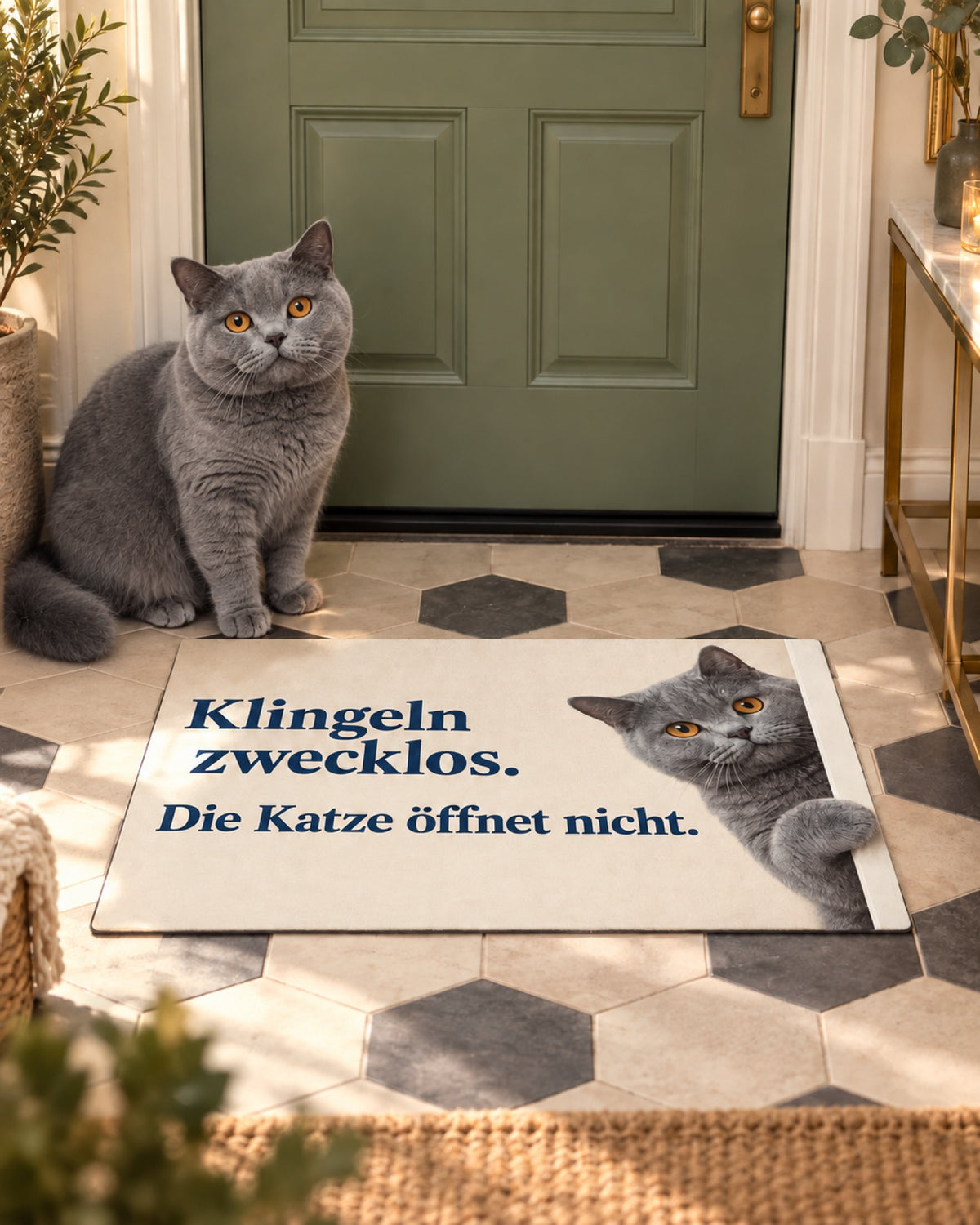 Fußmatte Klingeln zwecklos mit derselben grauen Britisch Kurzhaar Katze wie im gedruckten Motiv im winterlichen Hauseingang