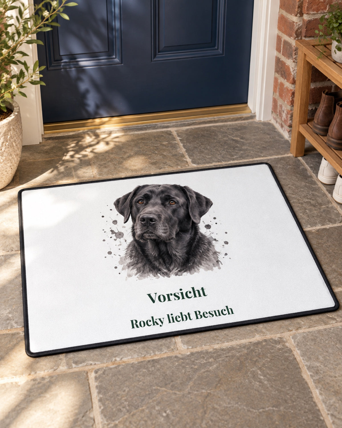 Personalisierte Fußmatte mit Labrador Rocky vor einer blauen Tür im Eingangsbereich mit Backsteinwand