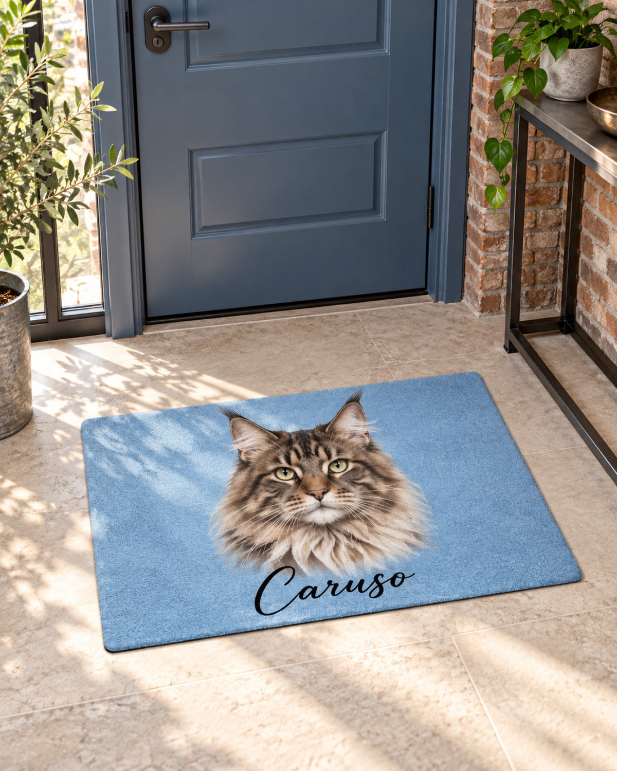 Himmelblaue Fußmatte mit Maine Coon Caruso vor einer blauen Tür im Loft