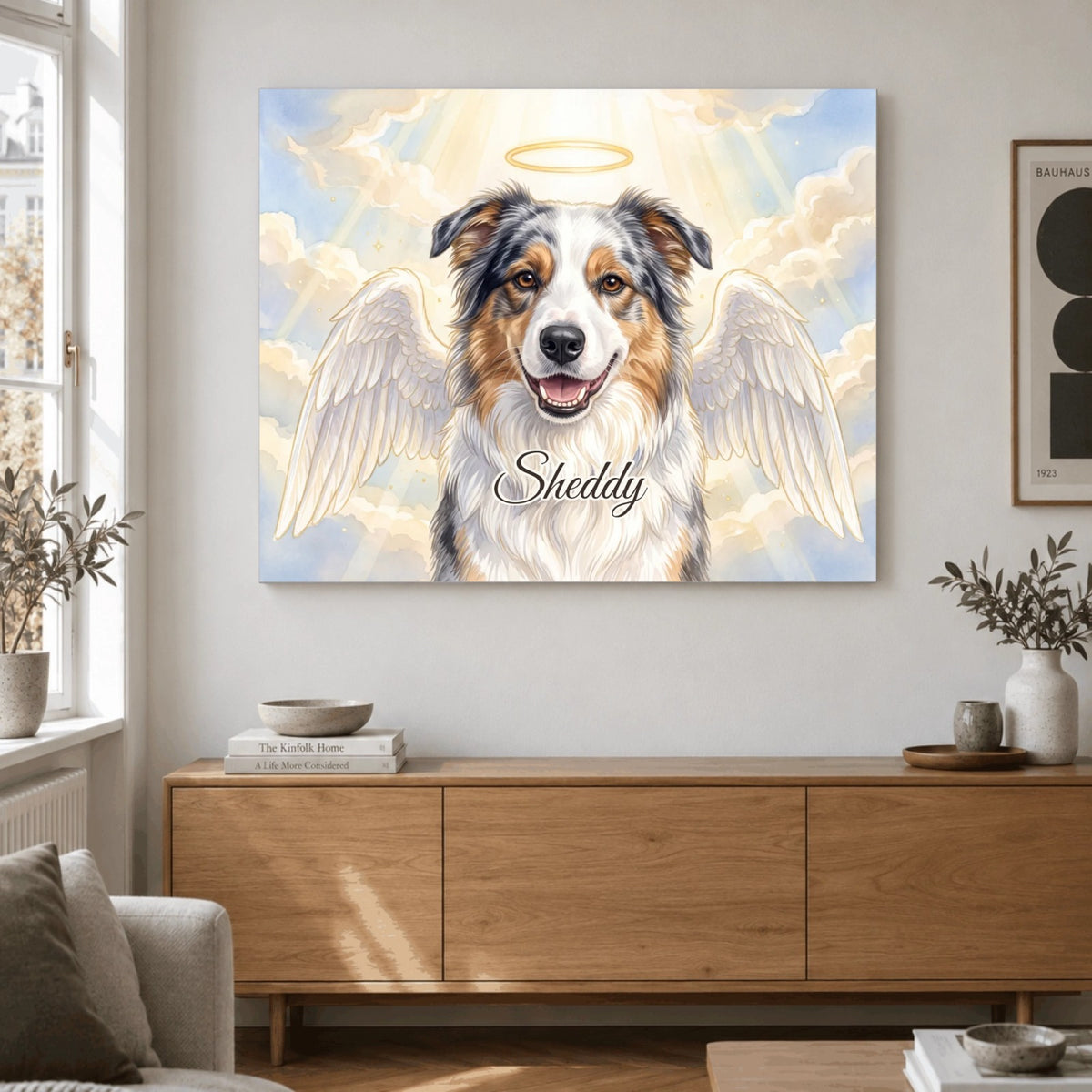 Retrato conmemorativo Ángel en lienzo en el salón: el perro Sheddy con alas de ángel y aureola, con su nombre