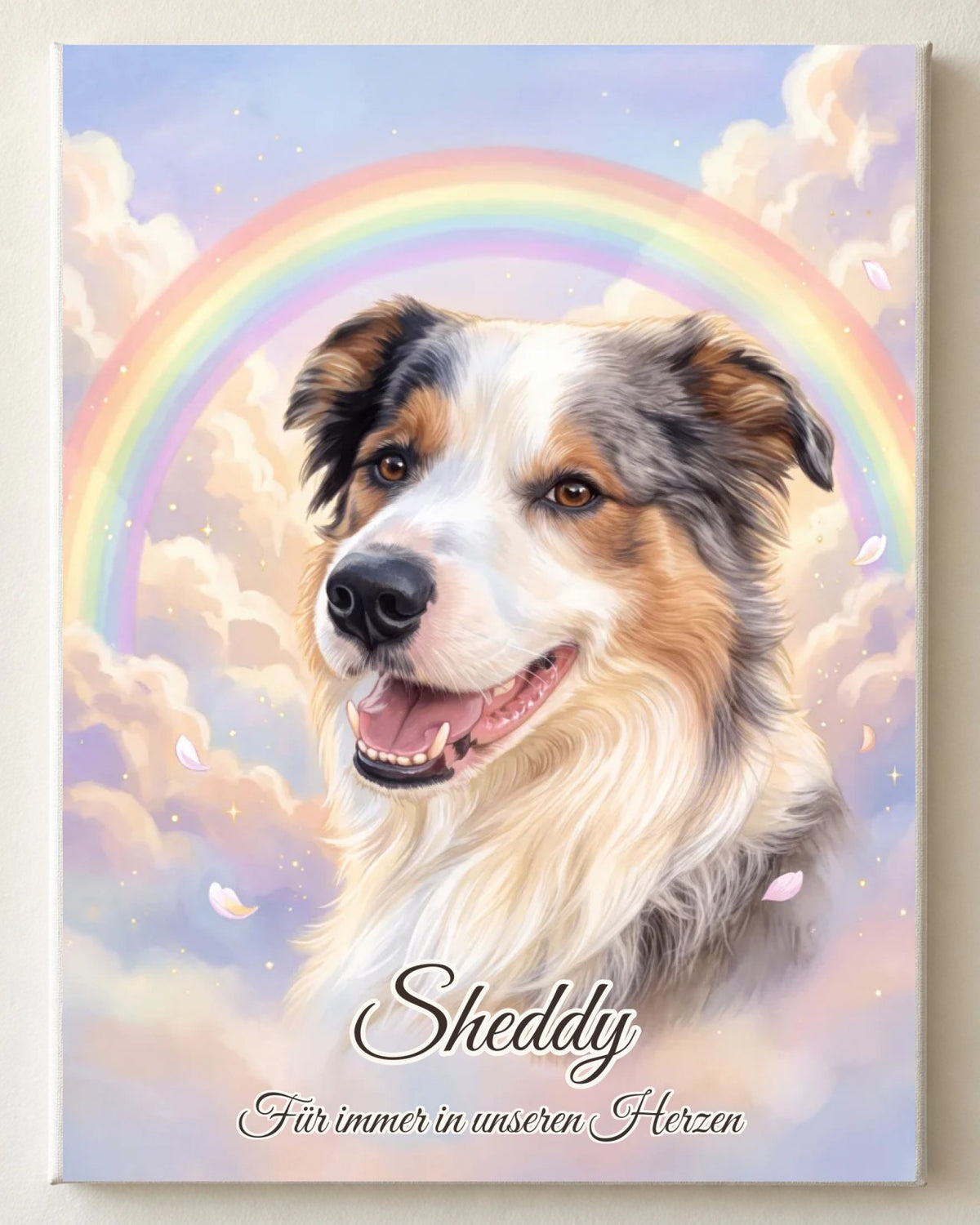 Retrato conmemorativo Puente del Arcoíris en lienzo, formato vertical: el perro Sheddy delante de un arcoíris entre nubes pastel, con su nombre