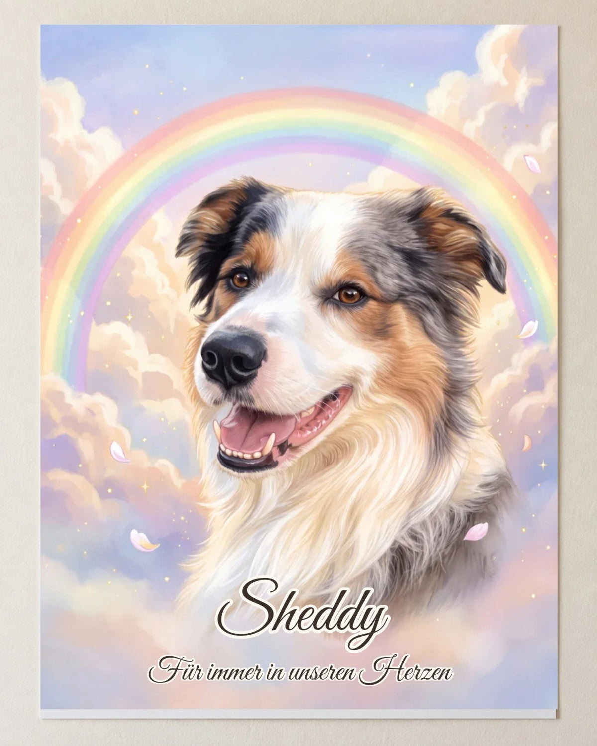 Mindeportræt Regnbuebroen som plakat, højformat: hunden Sheddy foran en regnbue i pastelfarvede skyer, med navn