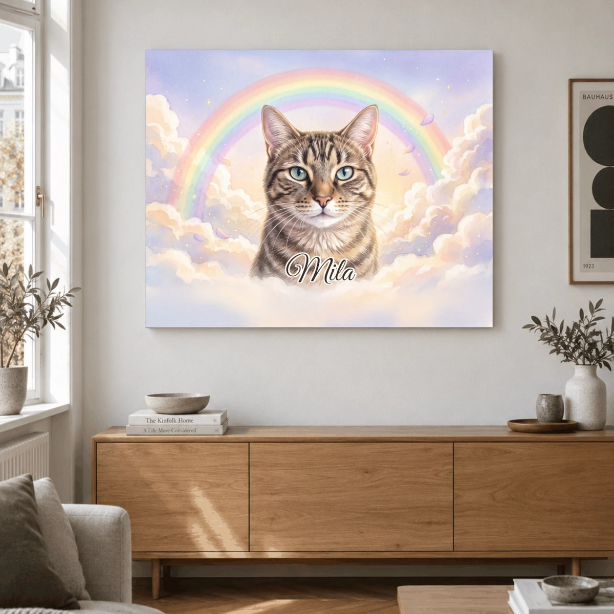 Retrato conmemorativo Puente del Arcoíris en lienzo en el salón: la gata Mila bajo un arcoíris entre nubes, con su nombre