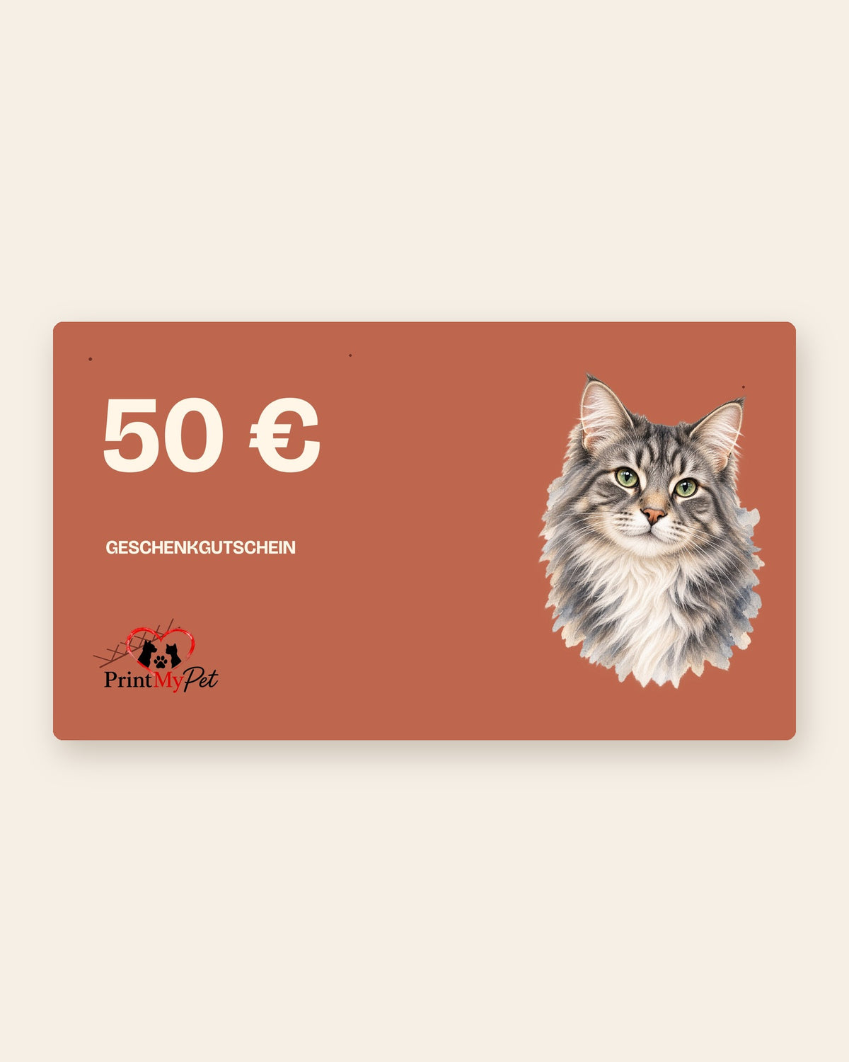 €50 gift card with a Watercolor cat on terracotta
