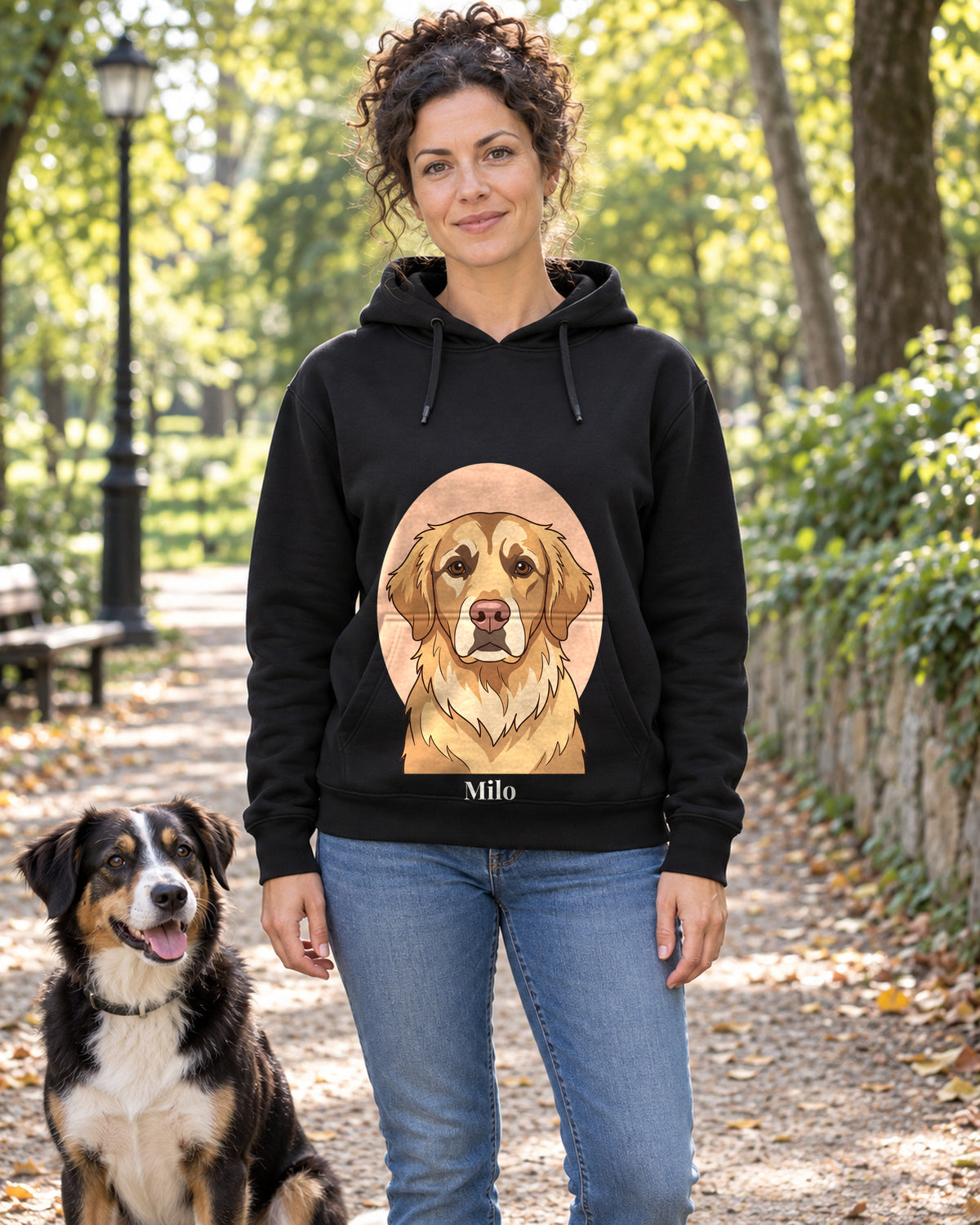 Hoodie in Flaschengrün mit Portrait von einem Golden Retriever im Stil Cartoon und dem Namen Milo, getragen von einer Frau im Park mit ihrem Hund