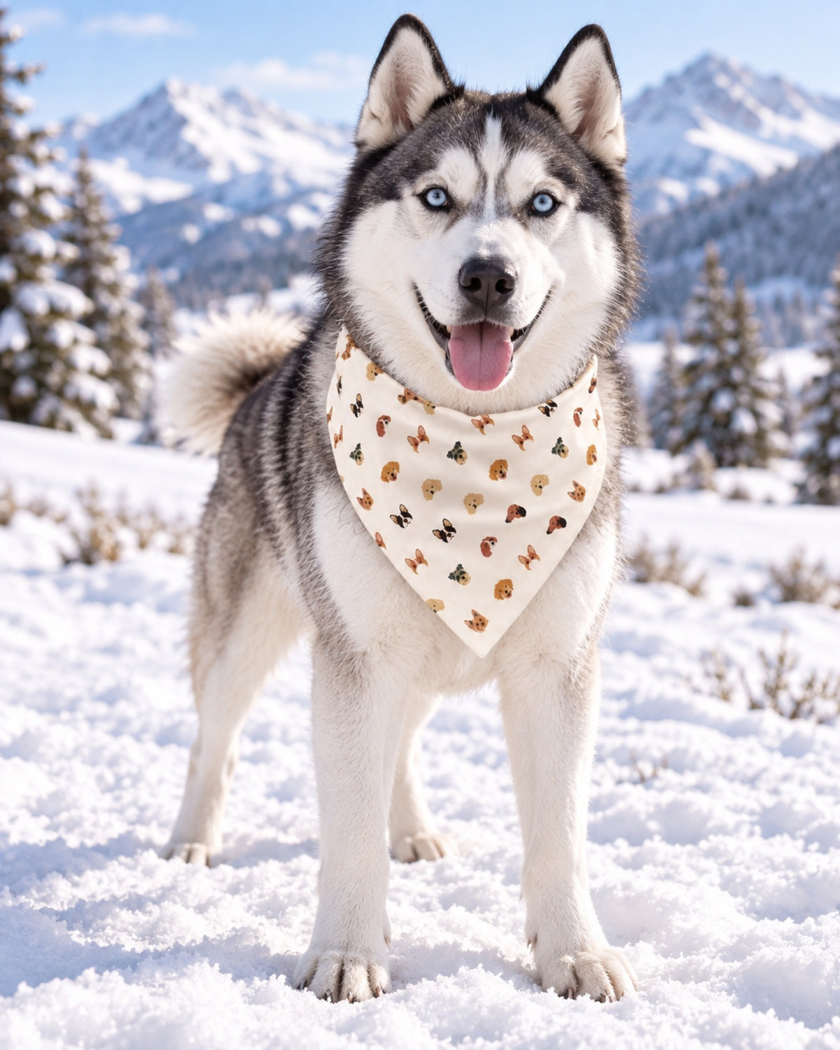 Husky mit cremefarbenem Halstuch mit Hundeköpfen auf einer verschneiten Bergwiese im Winter