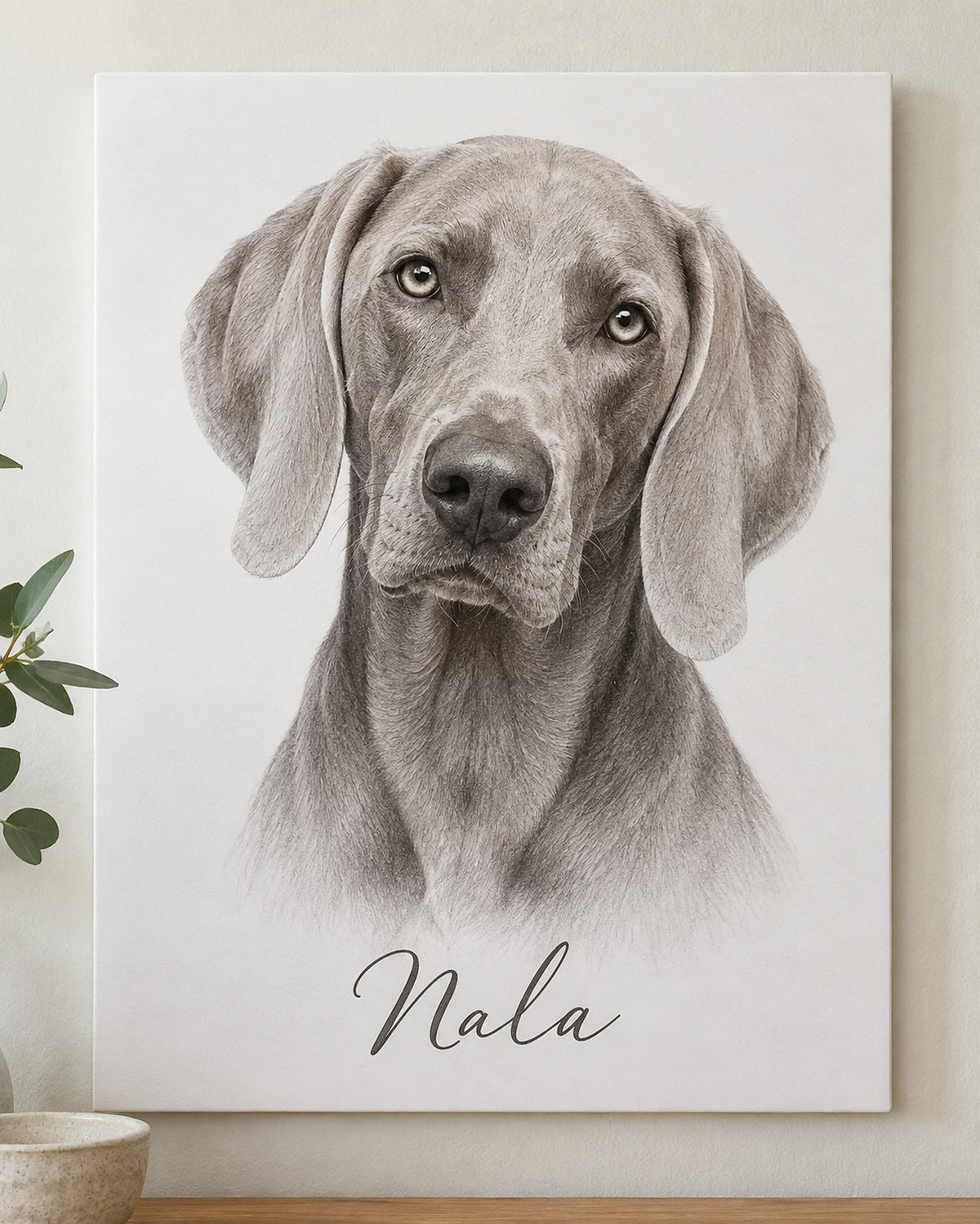 Hundeportrait auf Hartschaumplatte: Weimaraner mit dem Namen Nala