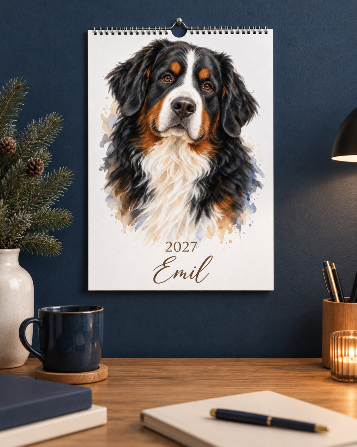 Berner Sennenhund Emil auf dem Titelblatt des Haustier Wandkalenders 2027 an einer dunkelblauen Wand über einem Eichenschreibtisch im Winter