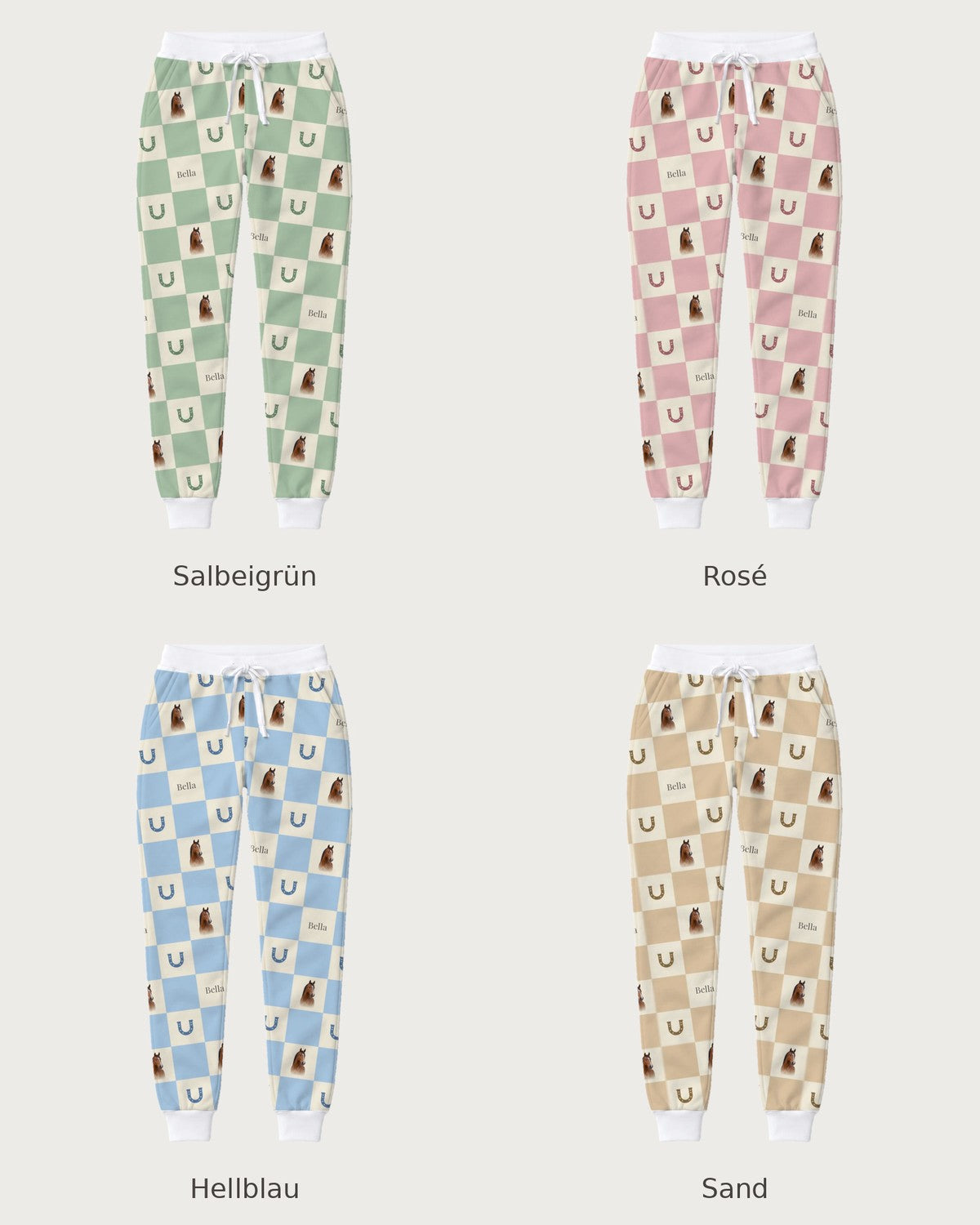 Checked joggers with horse: all four colours compared