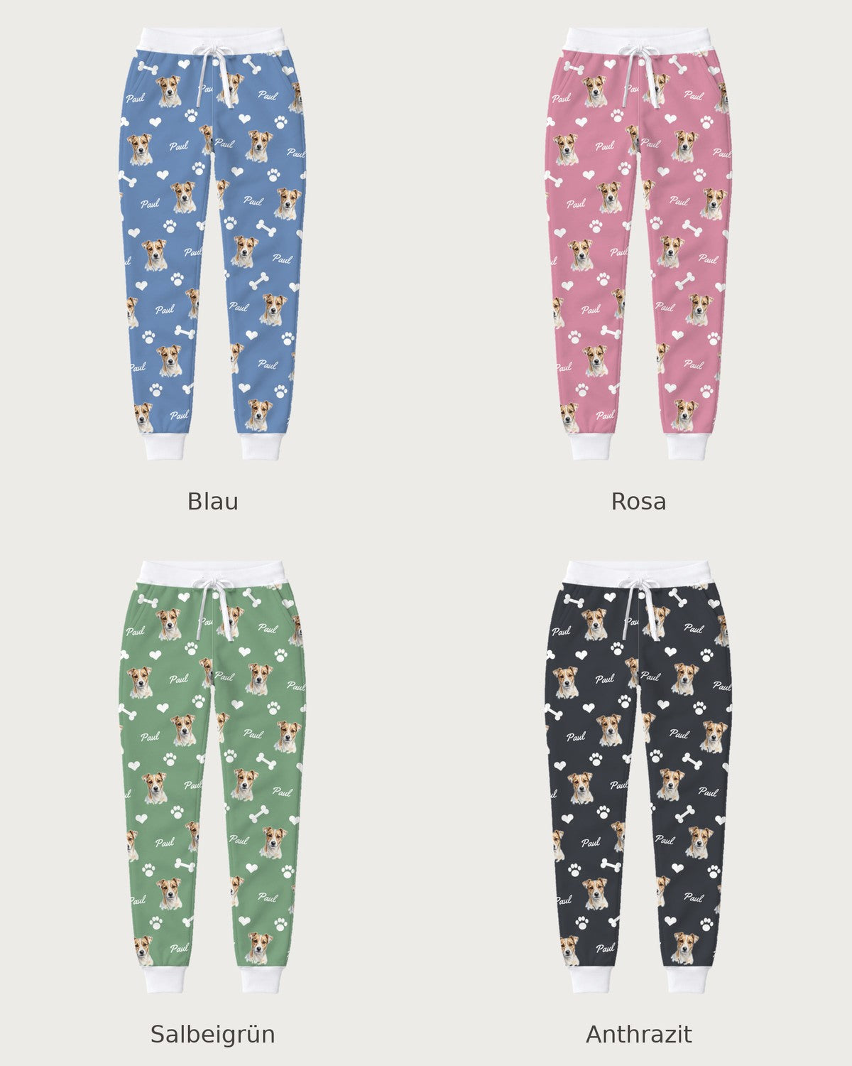 Joggers with dog faces: all four colours compared