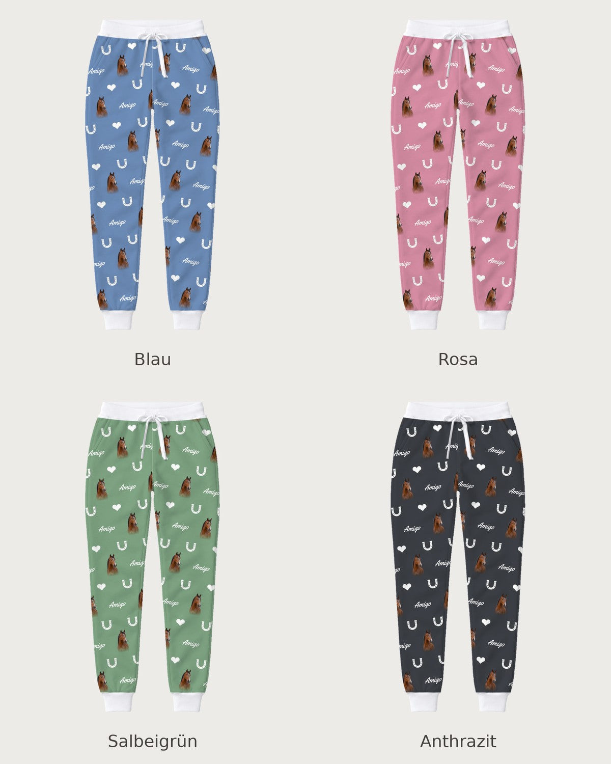 Joggers with horse heads: all four colours compared