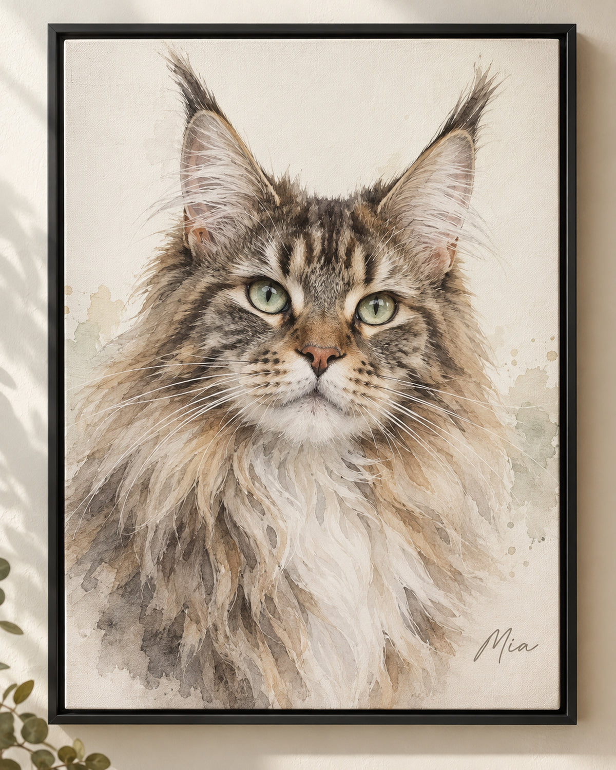 Cat portrait on framed canvas: Maine Coon named Mia