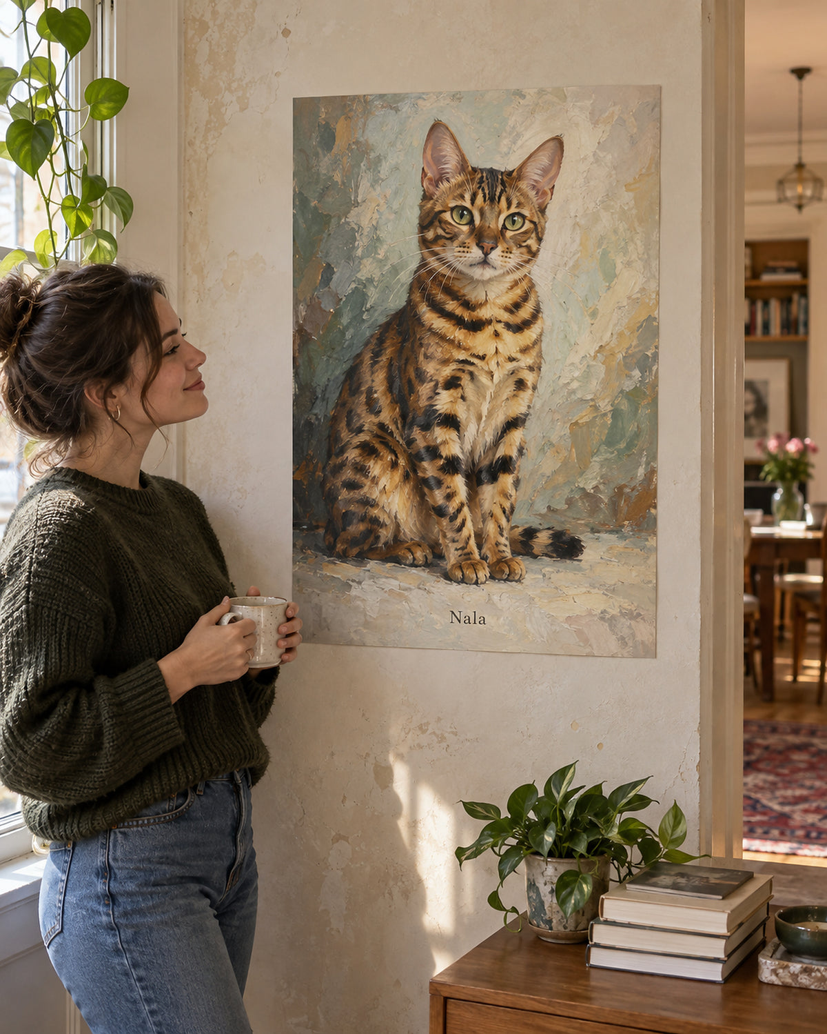 Cat portrait poster in a living room, Bengal named Nala