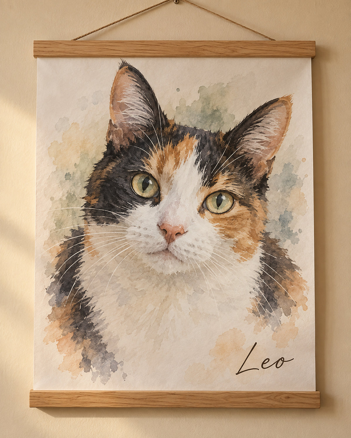 Cat portrait poster with hanger: calico cat named Leo