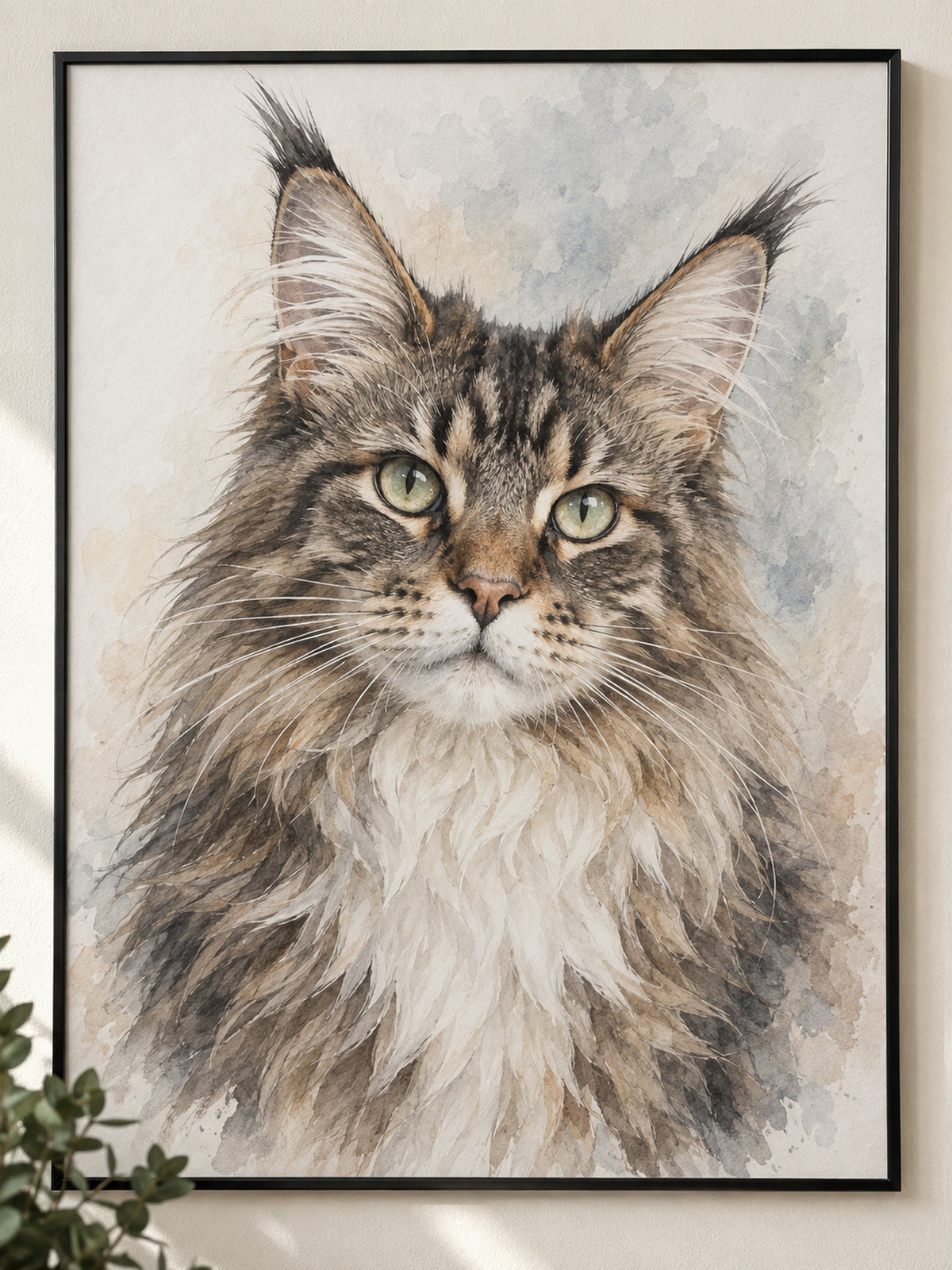 Cat portrait in a metal frame: Maine Coon named Mia