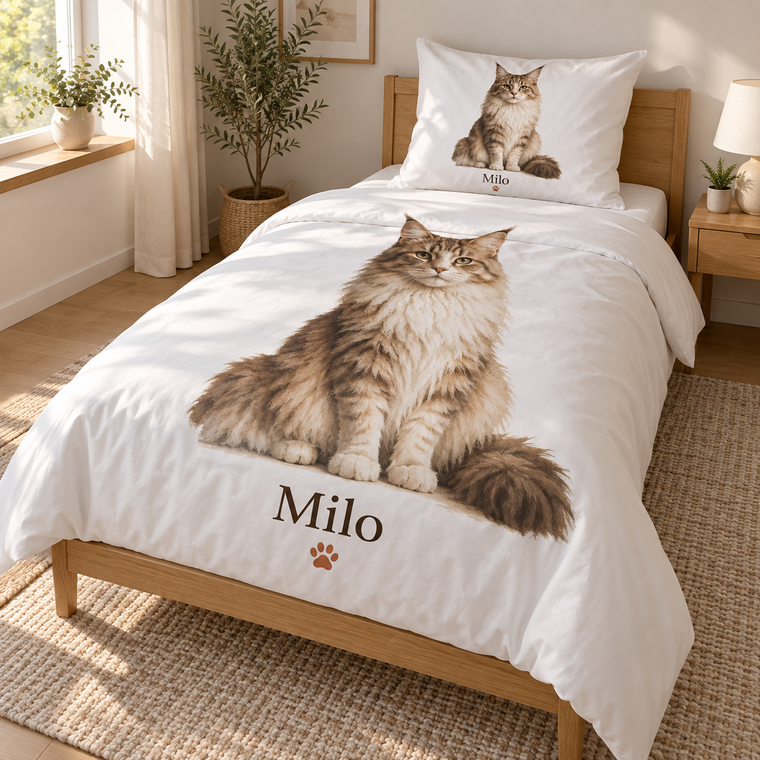 Katzen-Bettwäsche-Set mit Maine Coon Milo als Ölgemälde, Namen und Pfote