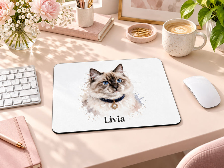 Mauspad mit Heiliger-Birma-Katze als Aquarell und Namen Livia am Schreibtisch