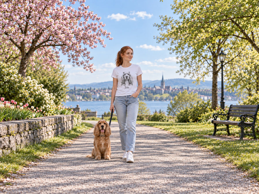 Frau im T-Shirt mit Hundeportrait beim Spaziergang mit Cocker Spaniel