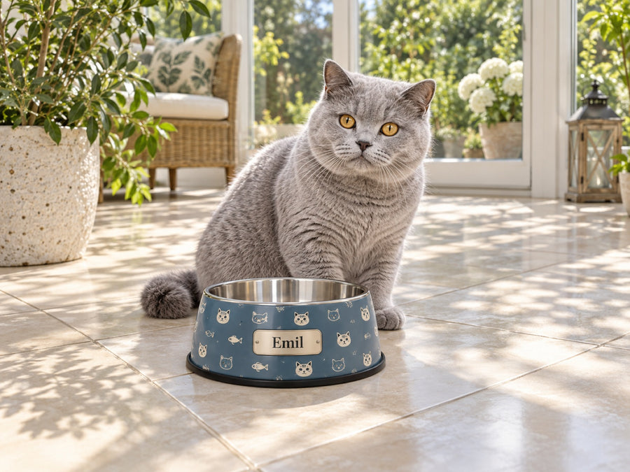 Britisch-Kurzhaar-Katze vor Edelstahl-Futternapf mit Katzen- und Fischmuster und Namen Emil