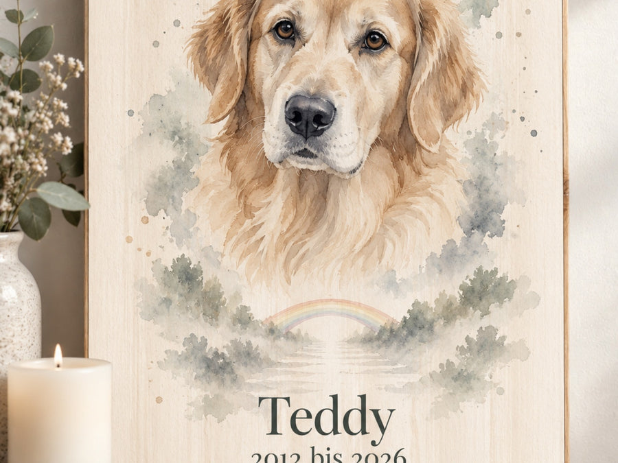 Gedenkbild auf Holz mit Golden Retriever Teddy und zartem Regenbogen im Aquarell-Stil neben einer Kerze