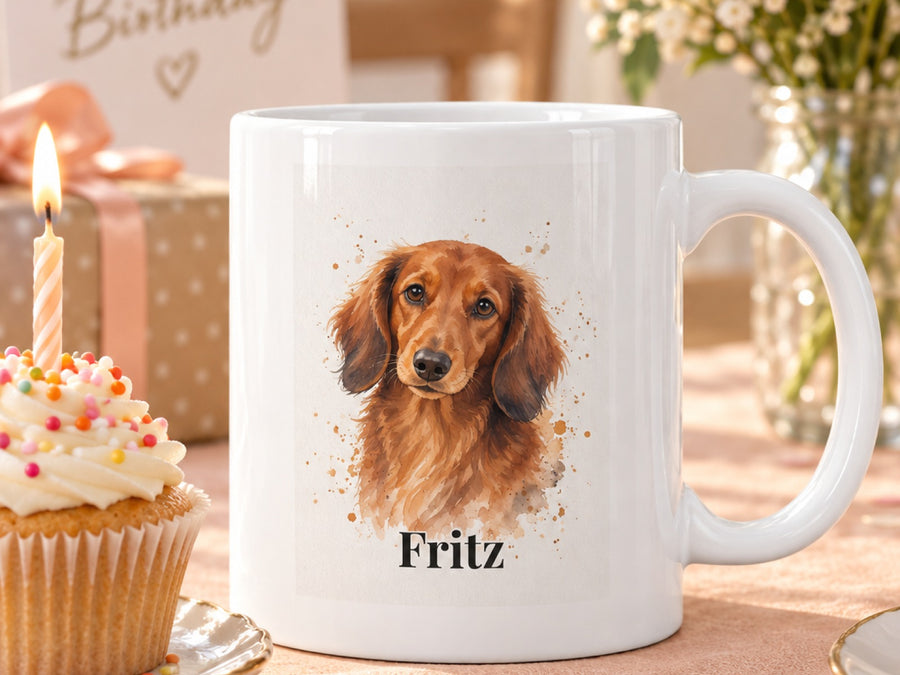 Tasse mit Langhaardackel Fritz im Aquarell-Stil auf dem Geburtstagstisch neben Cupcake mit Kerze