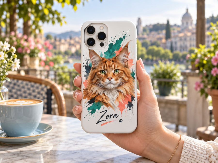 Handyhülle mit Maine-Coon-Katze im Street-Art-Stil und Namen Zora im Straßencafé