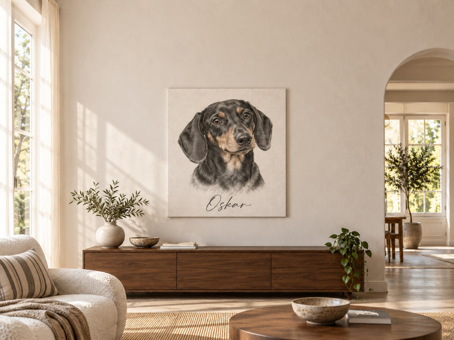 Hundeportrait im Sketch-Stil auf Leinwand im hellen Wohnzimmer