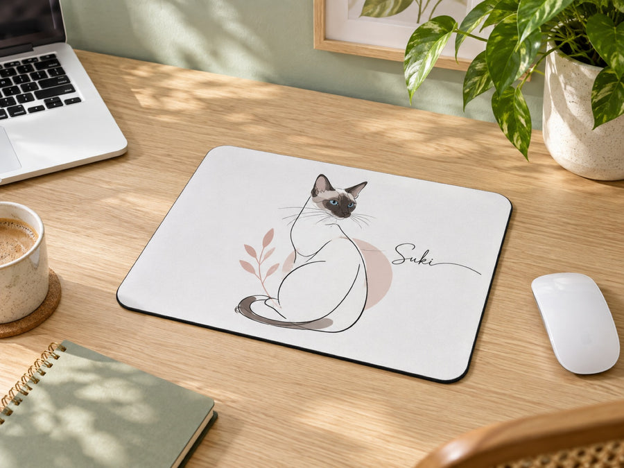 Mauspad mit Siamkatze als Minimal-Linienzeichnung und Namen Suki