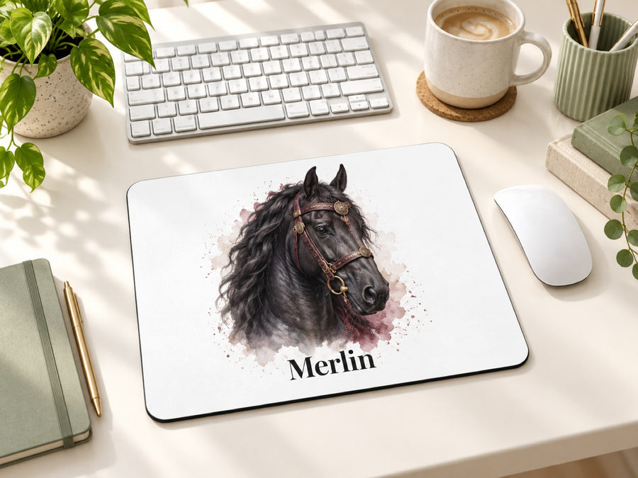 Mauspad mit schwarzem Pferd als Aquarell und Namen Merlin