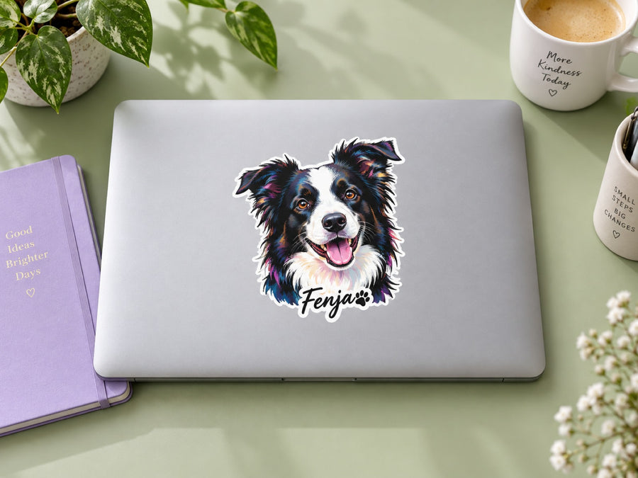 Laptop-Sticker mit Border Collie und Namen Fenja