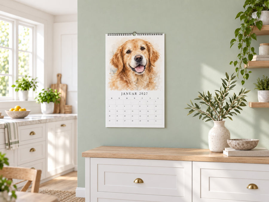 Wandkalender 2027 mit Golden Retriever als Aquarell in der Küche