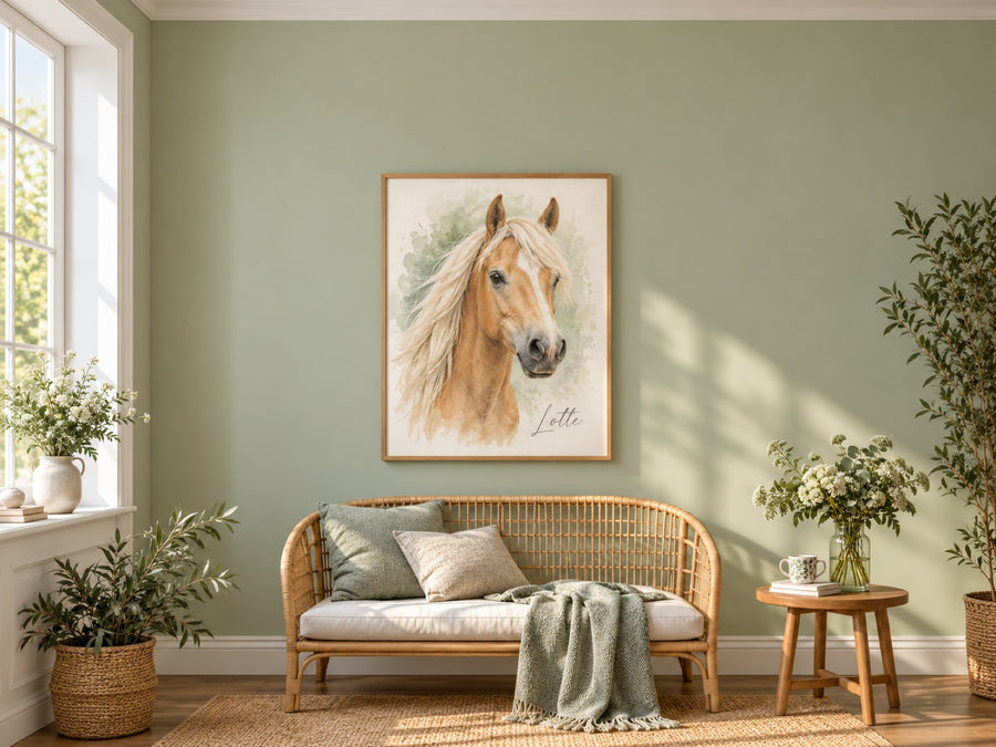 Haflinger als Aquarell mit Namen Lotte im Holzrahmen über dem Sofa