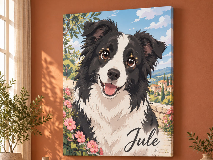 Wandbild auf Leinwand mit Border Collie im Anime-Stil und Namen Jule im Wohnzimmer