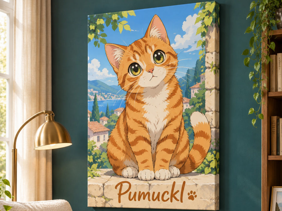 Wandbild auf Leinwand mit rot getigerter Katze im Anime-Stil und Namen Pumuckl an der Wohnzimmerwand