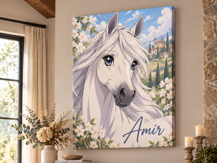 Wandbild auf Leinwand mit weißem Araber im Anime-Stil und Namen Amir im Wohnzimmer