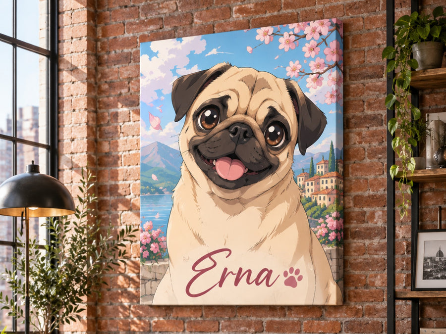 Wandbild auf Leinwand mit Mops im Anime-Stil und Namen Erna an der Wohnzimmerwand