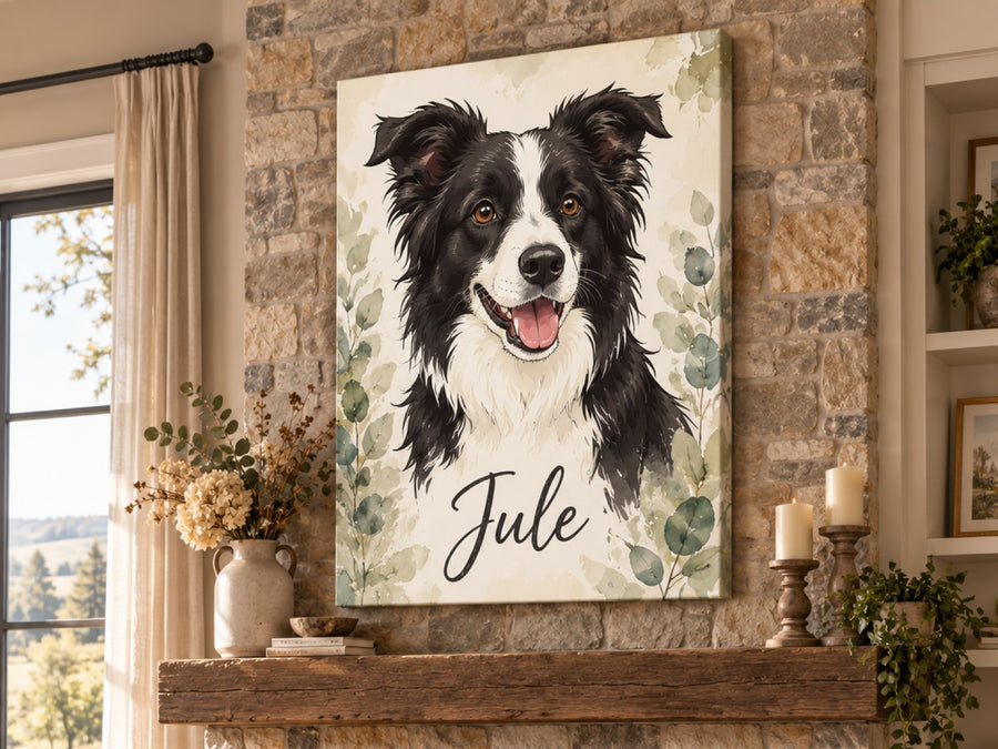 Wandbild auf Leinwand mit Border Collie im Cartoon-Stil und Namen Jule im Wohnzimmer
